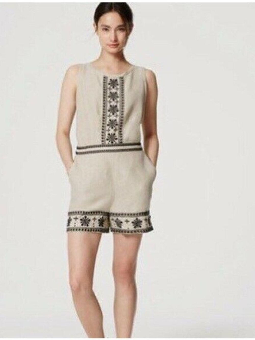 Loft Linen Embroidered Floral Romper Womens 2 Khaki Boho Summer Vacation Beach